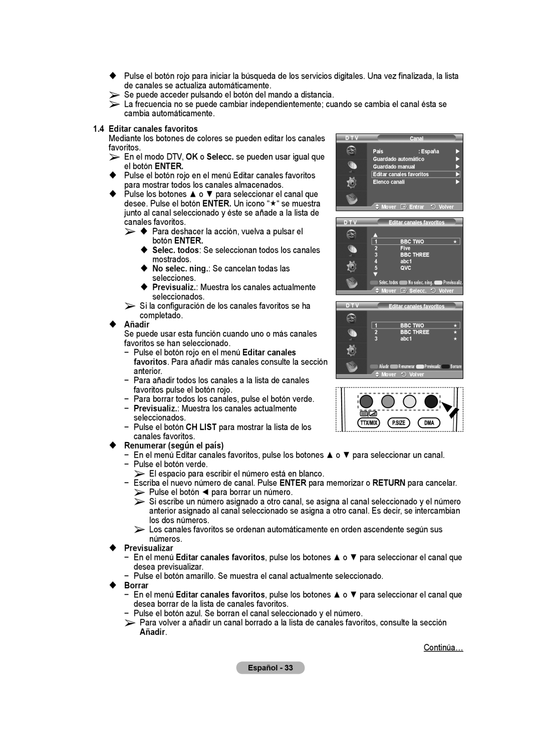 Samsung BN68-01416A-00 El botón Enter, Para mostrar todos los canales almacenados, Canales favoritos, Mostrados, Anterior 