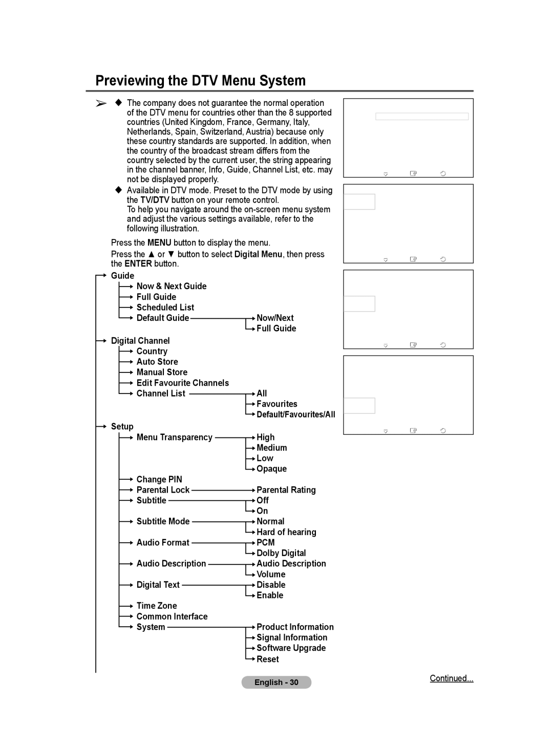 Samsung BN68-01416A-00 user manual Previewing the DTV Menu System 