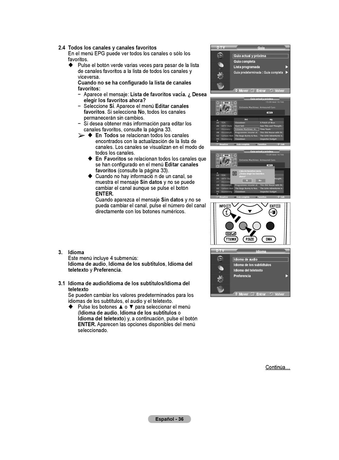 Samsung BN68-01416A-00 user manual Todos los canales y canales favoritos, Idioma, Este menú incluye 4 submenús 