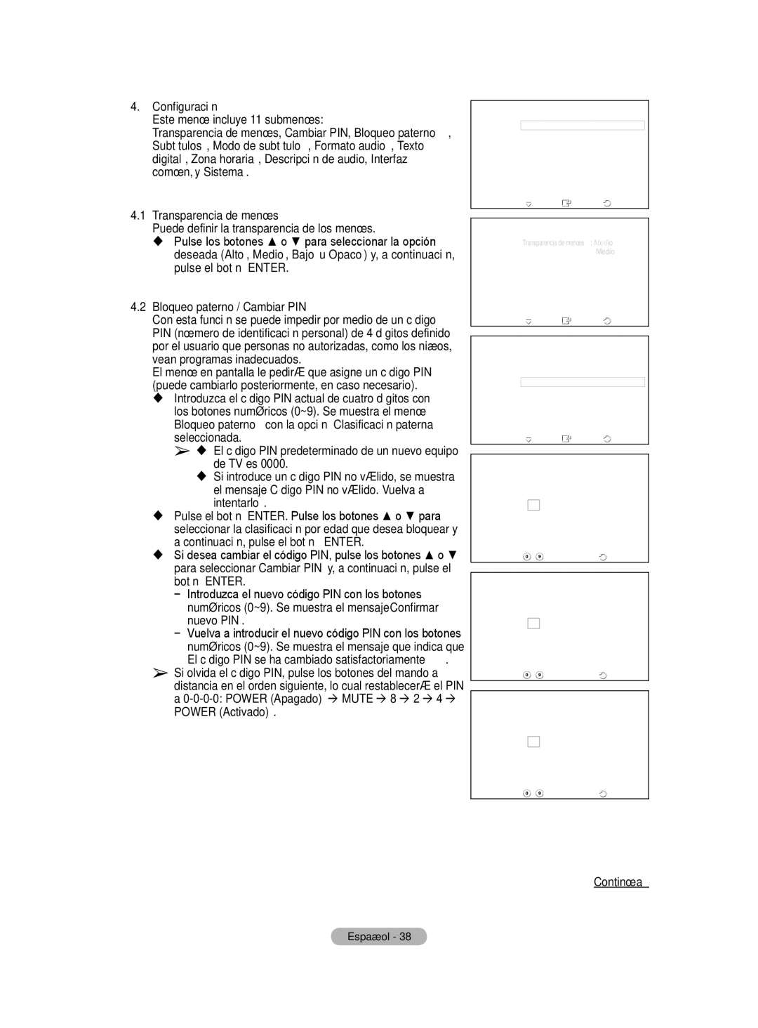 Samsung BN68-01416A-00 Configuración, Este menú incluye 11 submenús, Transparencia de menús, Bloqueo paterno / Cambiar PIN 