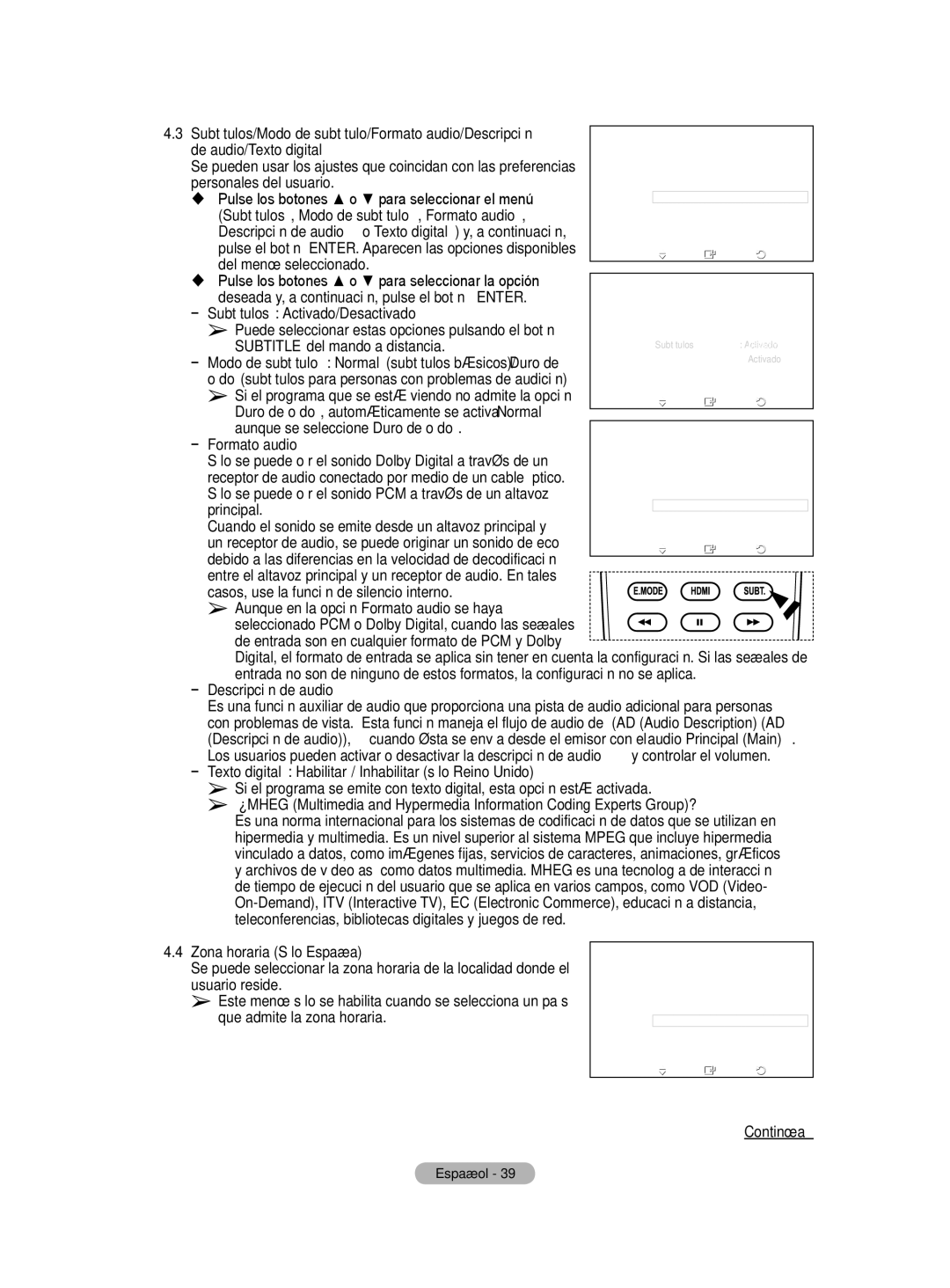 Samsung BN68-01416A-00 De audio/Texto digital, Subtítulos, Modo de subtítulo, Formato audio, Descripción de audio 