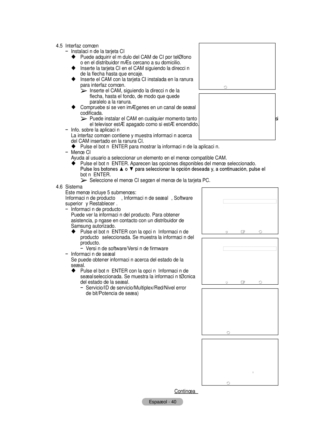 Samsung BN68-01416A-00 Sistema Este menú incluye 5 submenús, Superior y Restablecer, Producto, Información de señal, Señal 