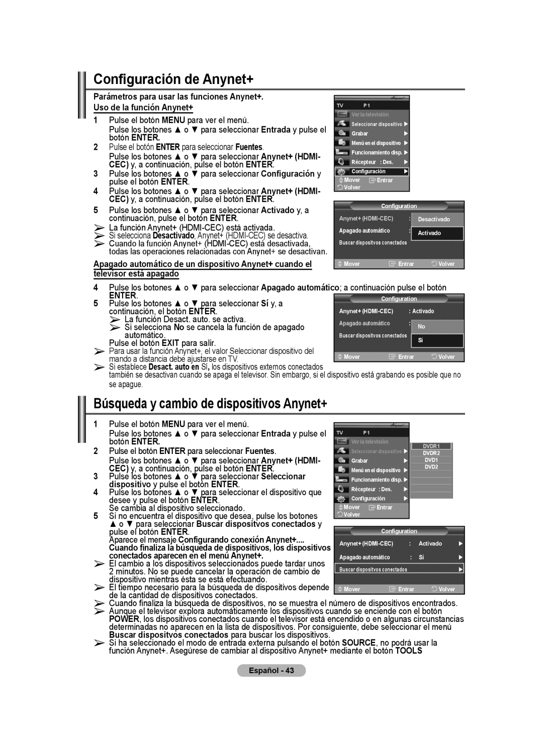 Samsung BN68-01416A-00 user manual Configuración de Anynet+, Búsqueda y cambio de dispositivos Anynet+ 