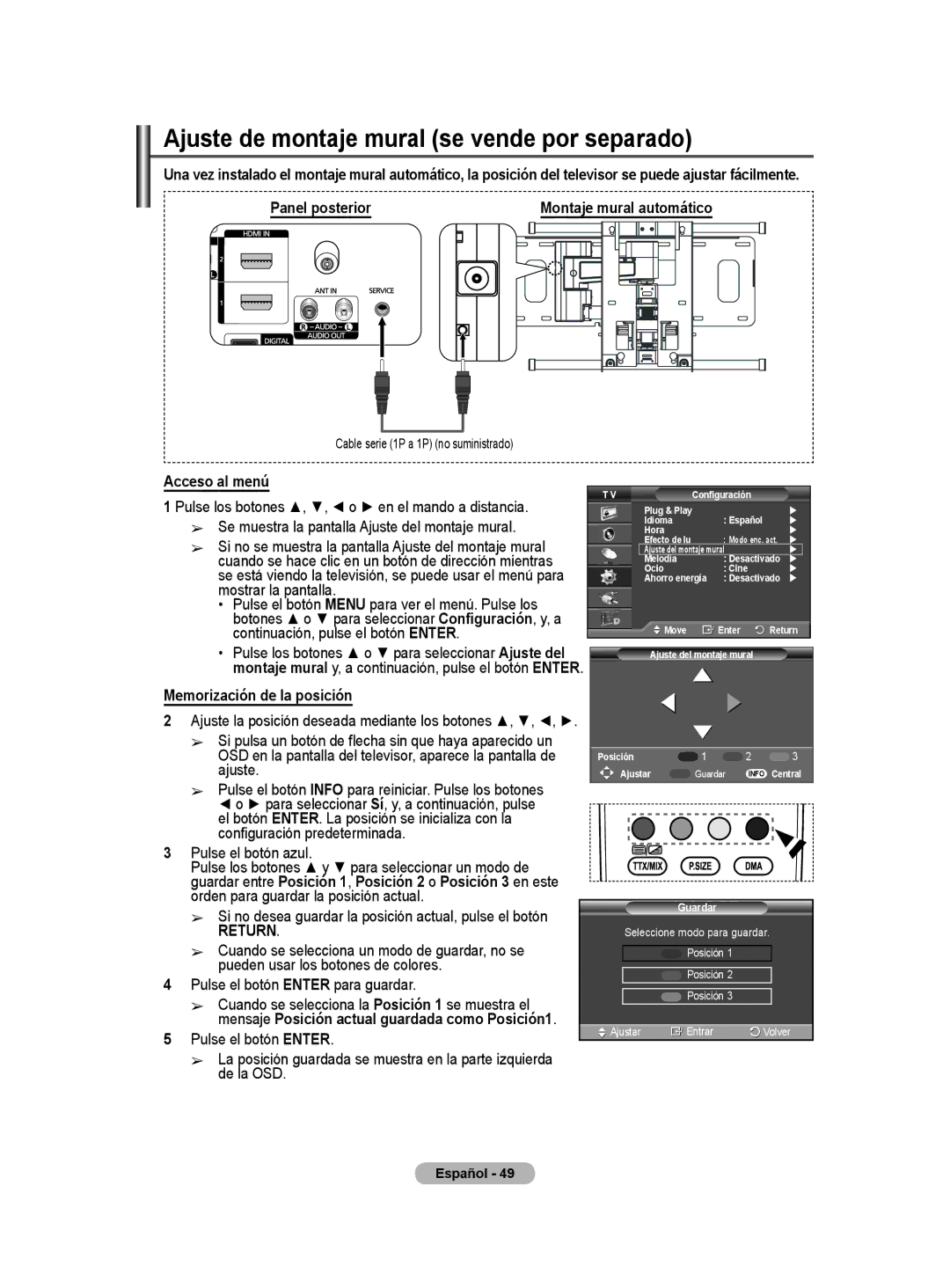 Samsung BN68-01416A-00 Ajuste de montaje mural se vende por separado, Acceso al menú, Memorización de la posición 