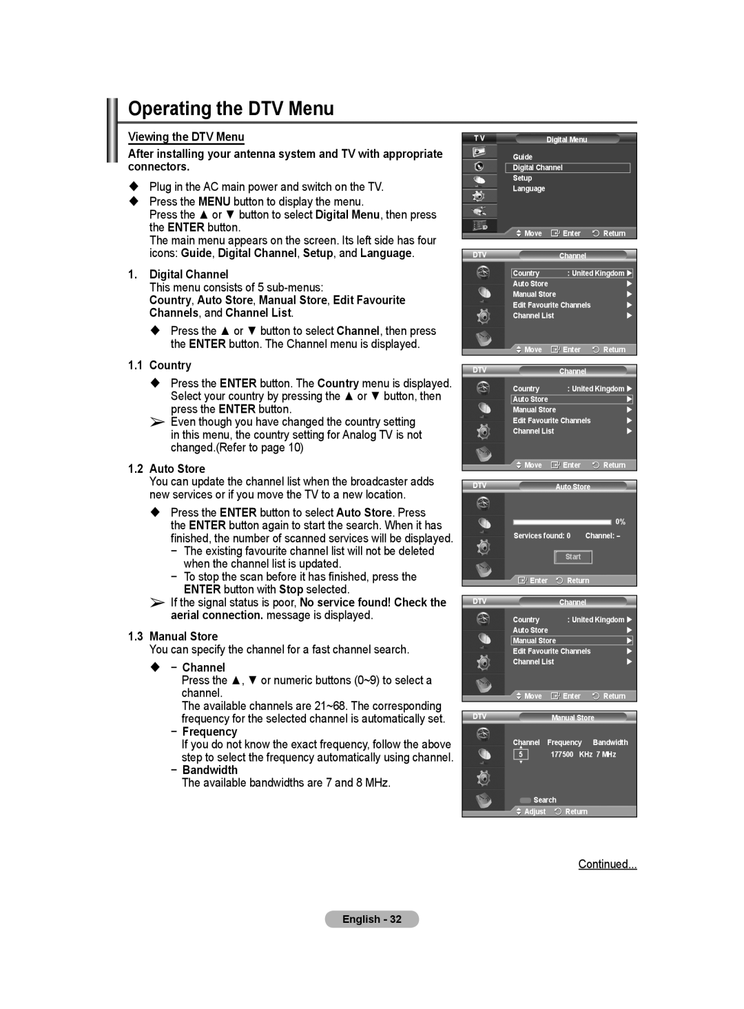 Samsung BN68-01416A-00 user manual Operating the DTV Menu, Digital Channel,  − Channel, Frequency, Bandwidth 