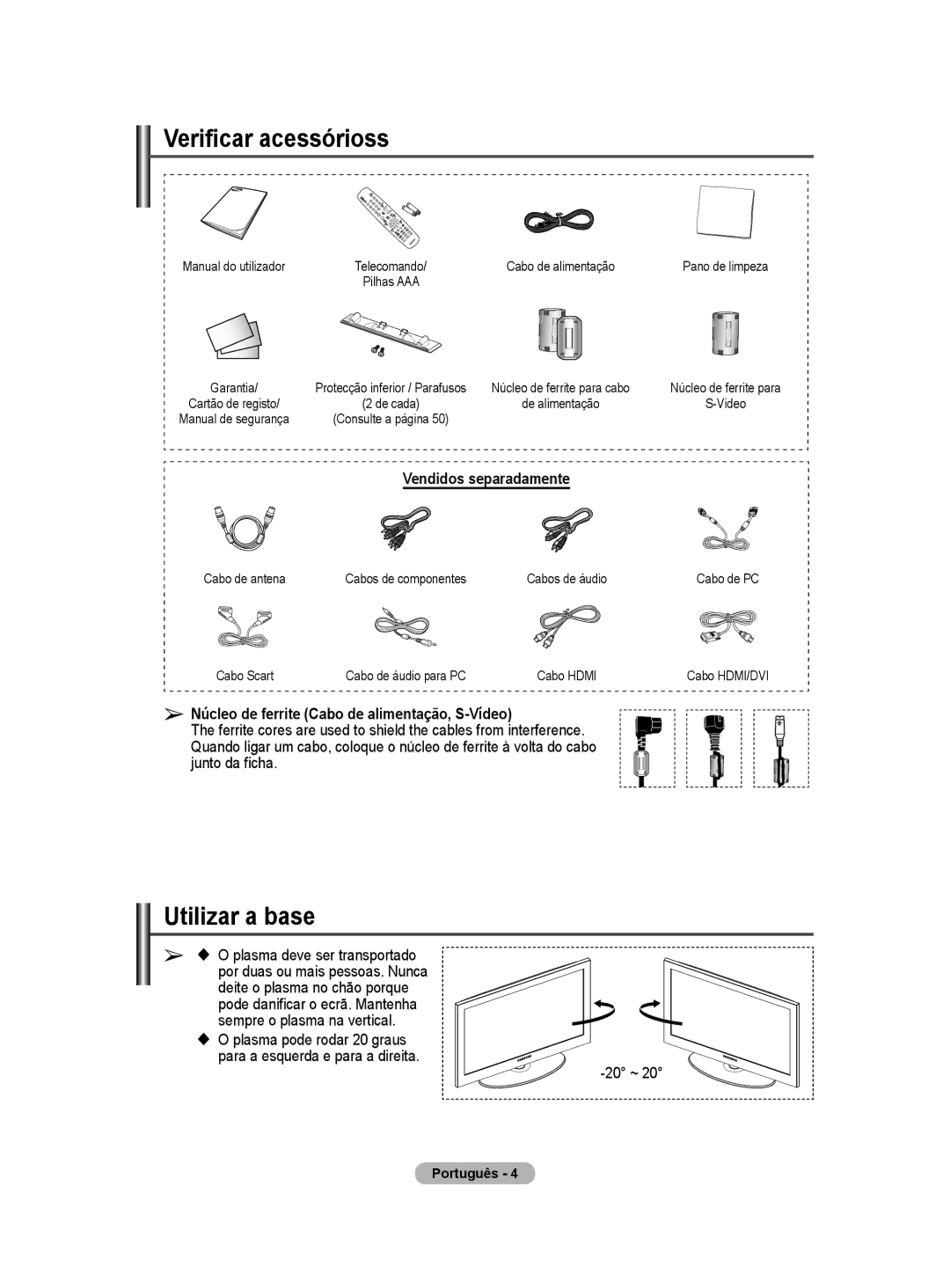 Samsung BN68-01416A-00 user manual Verificar acessórioss, Utilizar a base, Vendidos separadamente 