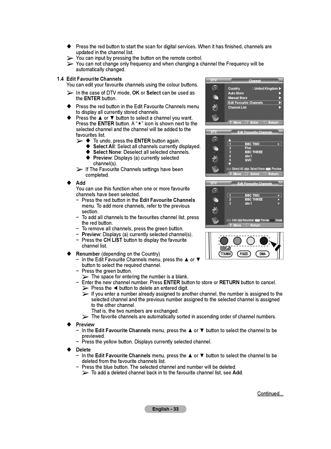 Samsung BN68-01416A-00  Add, Channel list,  Preview,  Delete,  Select AlI Select all channels currently displayed 