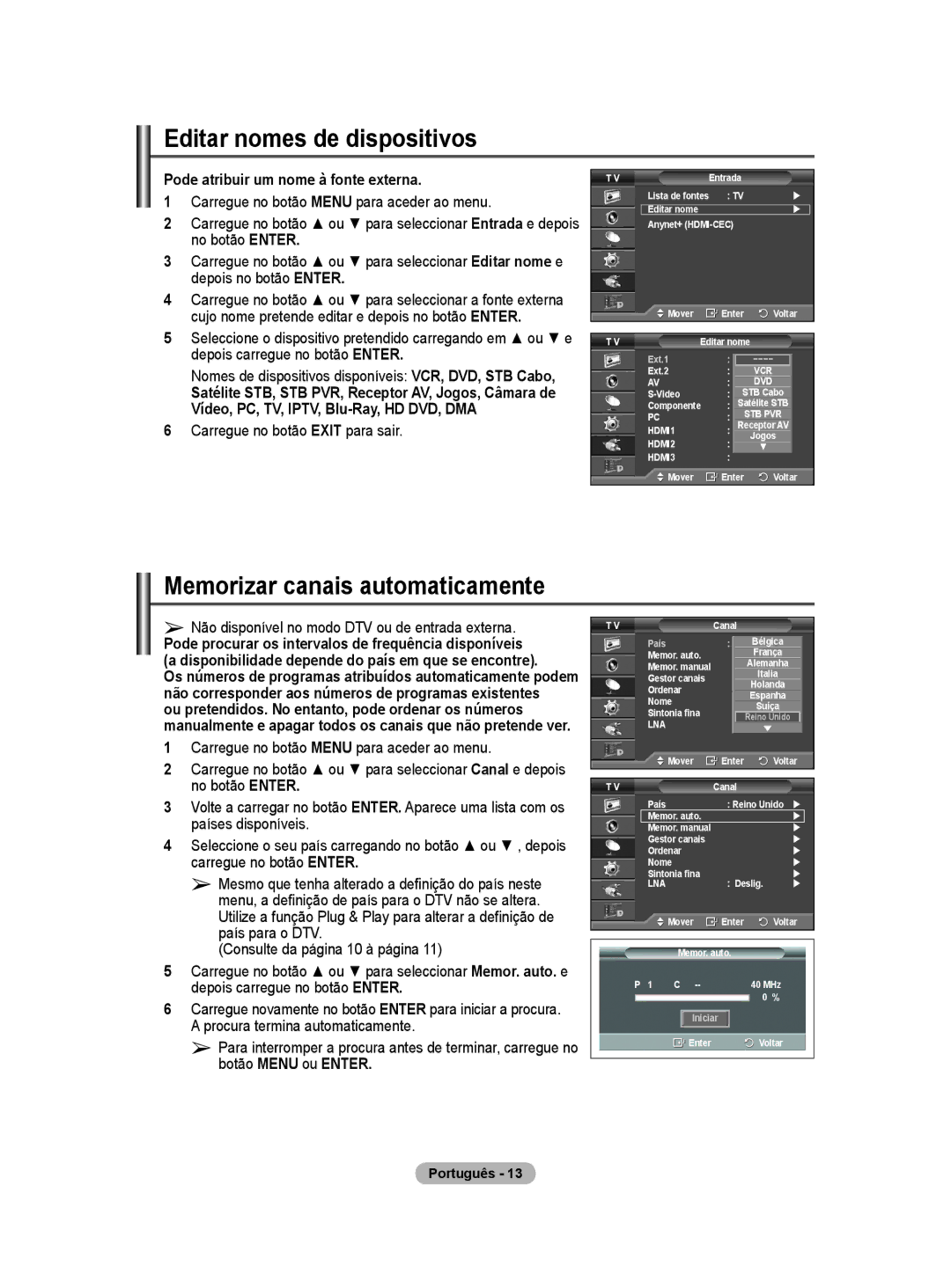 Samsung BN68-01416A-00 Editar nomes de dispositivos, Memorizar canais automaticamente, Carregue no botão Exit para sair 