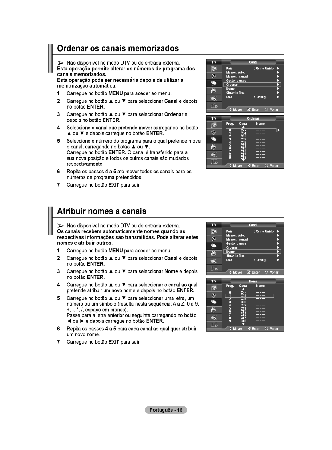 Samsung BN68-01416A-00 user manual Ordenar os canais memorizados, Atribuir nomes a canais 