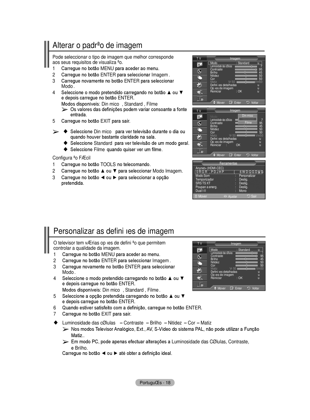 Samsung BN68-01416A-00 user manual Alterar o padrão de imagem, Personalizar as definições de imagem 