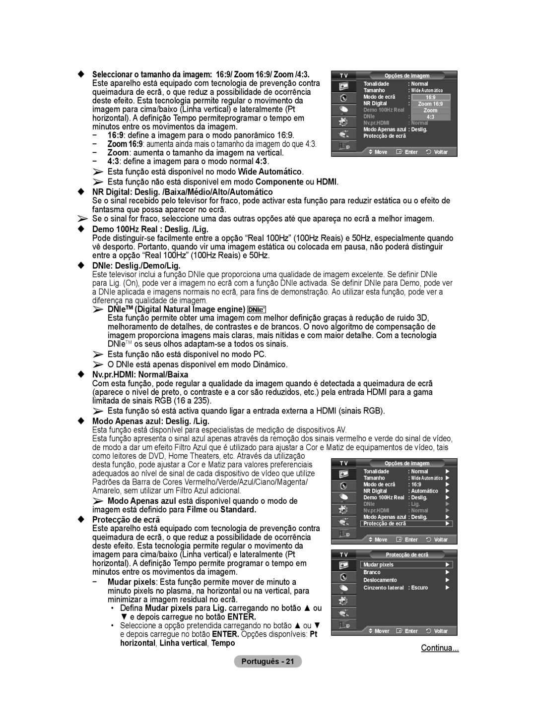 Samsung BN68-01416A-00 user manual  NR Digital Deslig. /Baixa/Médio/Alto/Automático, Demo 100Hz Real Deslig. /Lig 