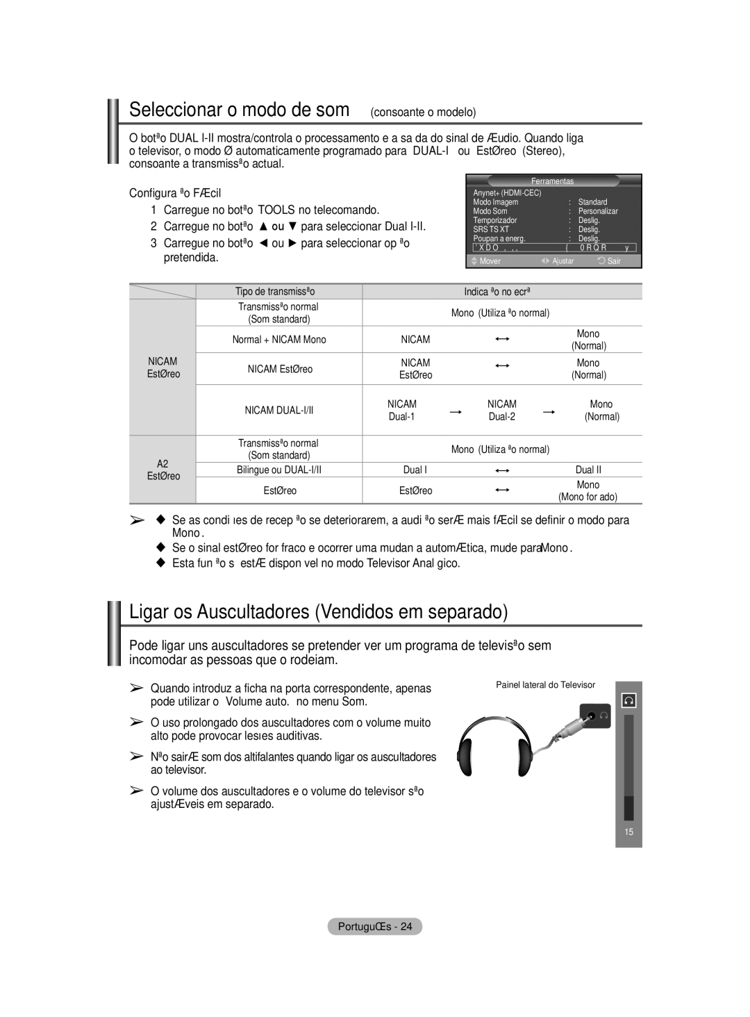 Samsung BN68-01416A-00 Seleccionar o modo de som consoante o modelo, Ligar os Auscultadores Vendidos em separado 