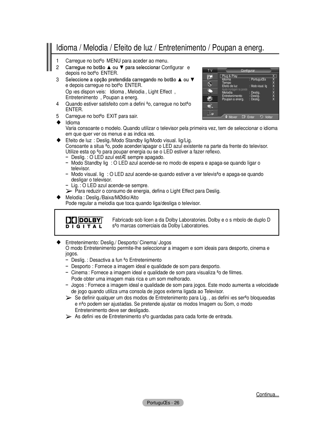 Samsung BN68-01416A-00 user manual Opções disponíveis Idioma, Melodia, Light Effect, Entretenimento , Poupança energ 