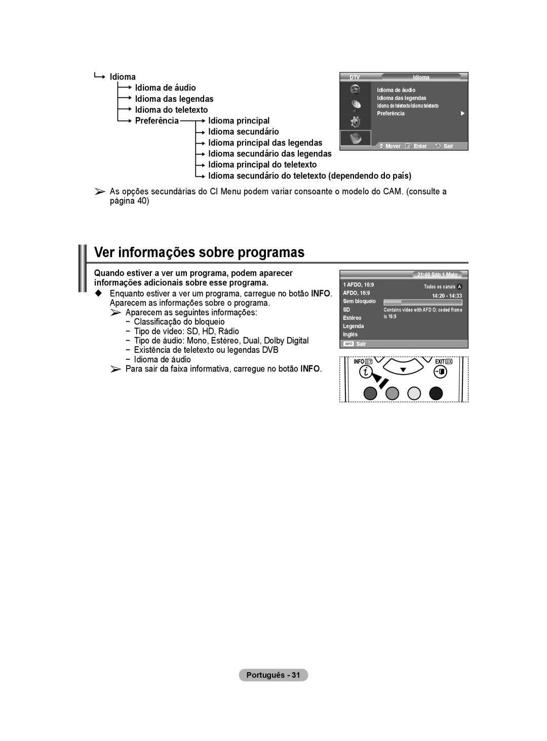 Samsung BN68-01416A-00 user manual Ver informações sobre programas, Idioma de áudio, Idioma das legendas 