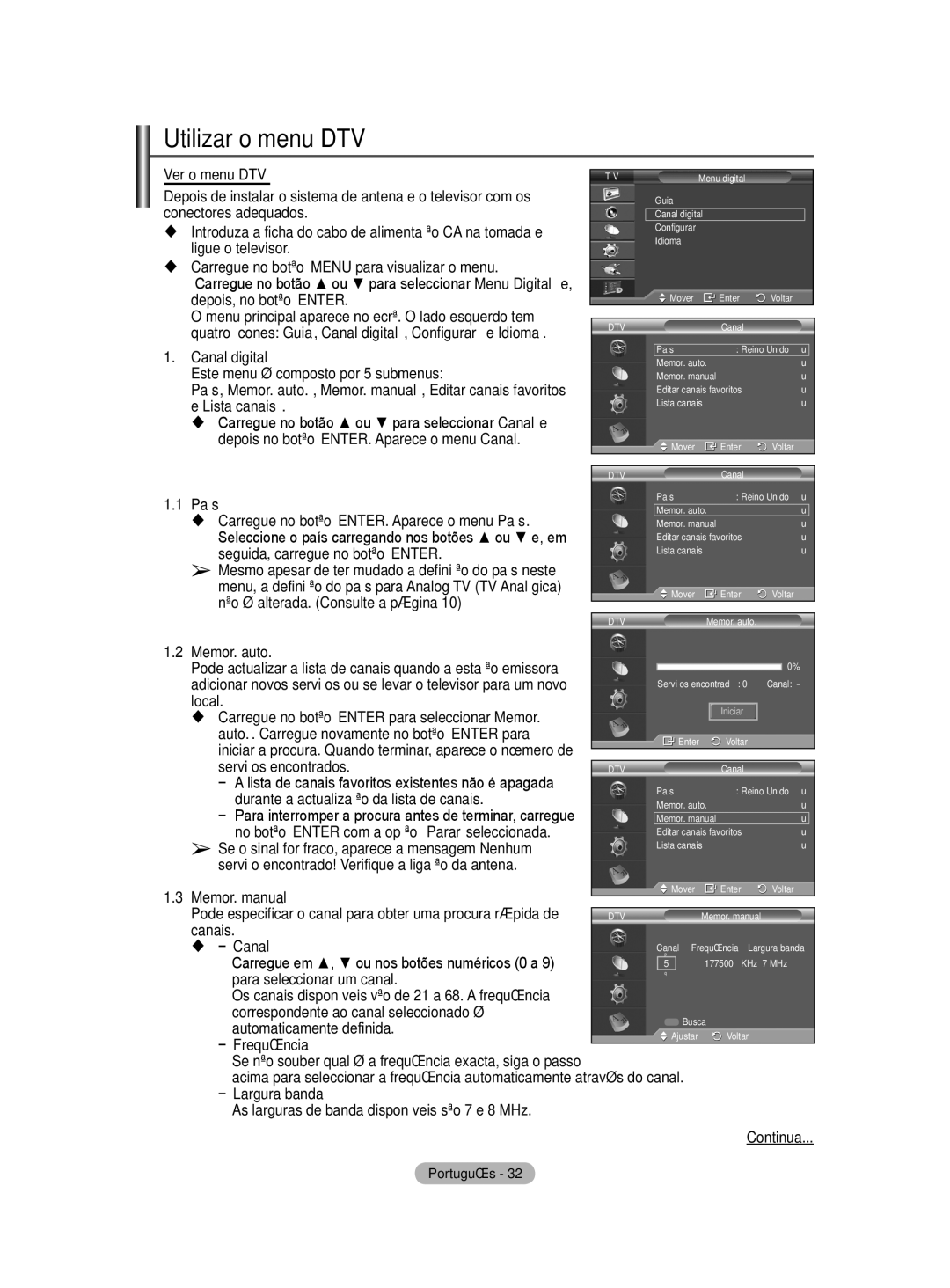 Samsung BN68-01416A-00 user manual Utilizar o menu DTV 