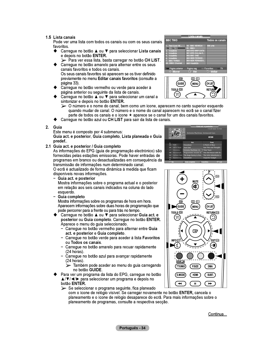 Samsung BN68-01416A-00 user manual Lista canais, Canais favoritos e todos os canais, Página 