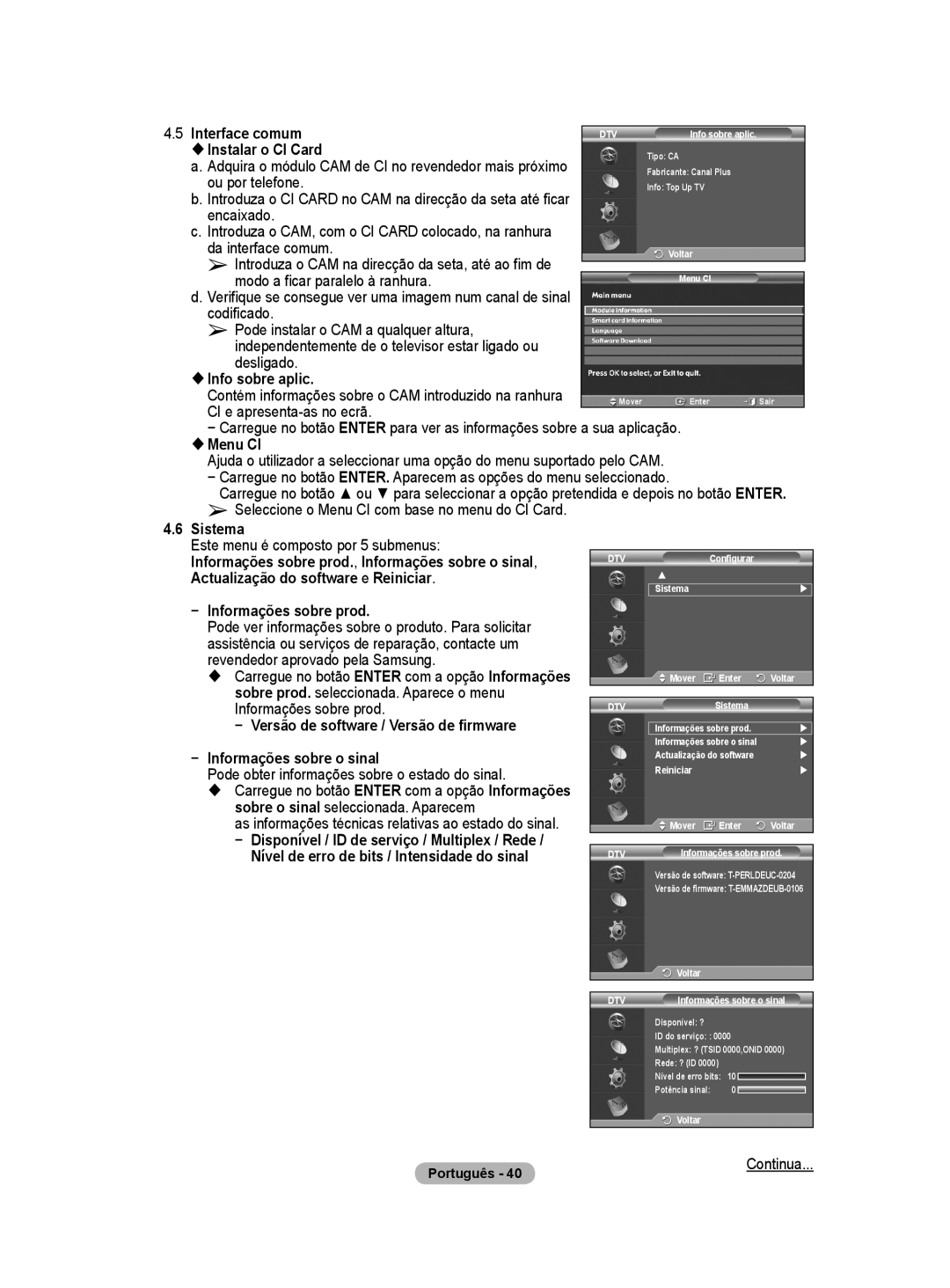 Samsung BN68-01416A-00 user manual Versão de software / Versão de firmware, Informações sobre o sinal 