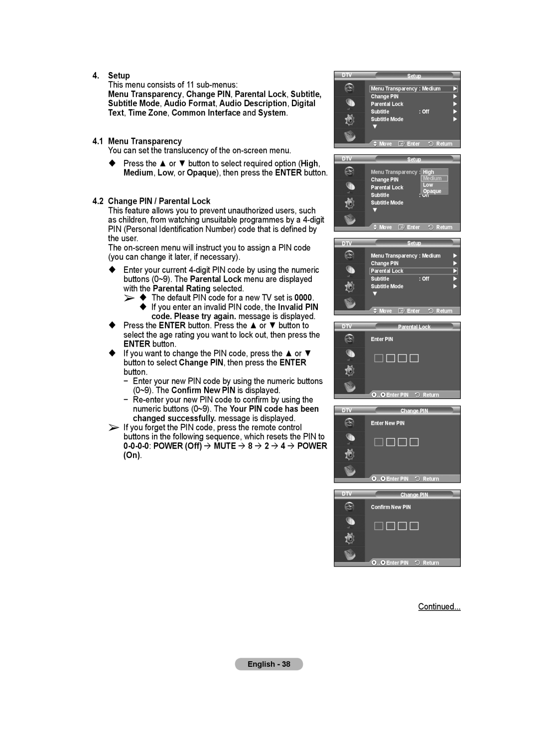 Samsung BN68-01416A-00 user manual This menu consists of 11 sub-menus, Menu Transparency, Change PIN / Parental Lock 