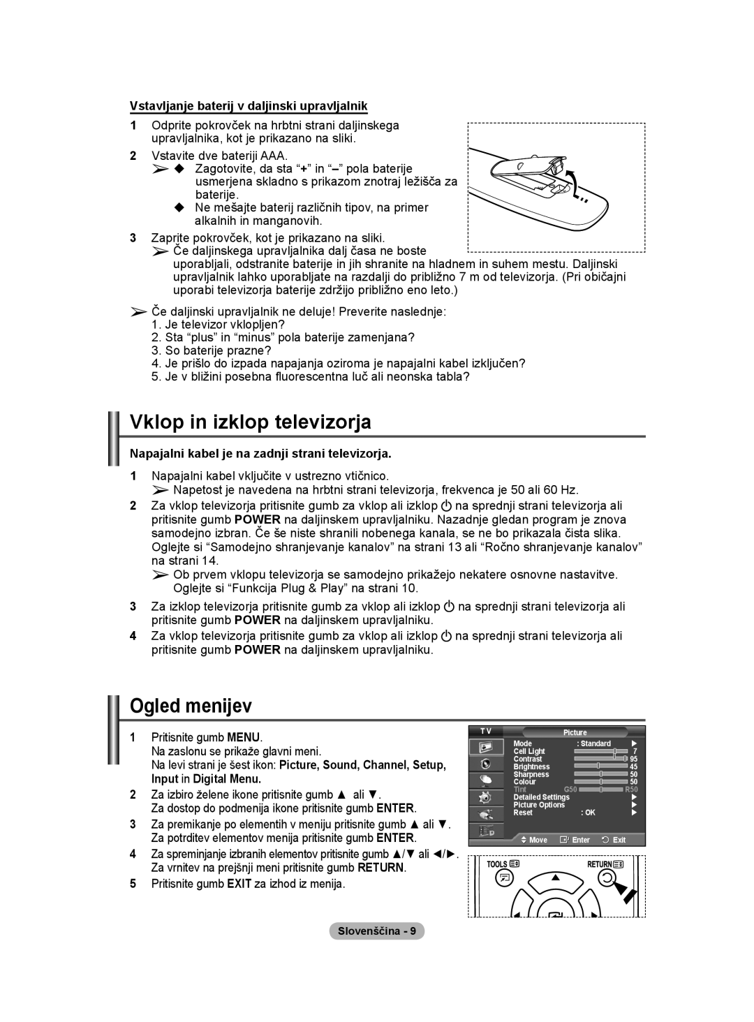 Samsung BN68-01416A-00 user manual Vklop in izklop televizorja, Ogled menijev, Vstavljanje baterij v daljinski upravljalnik 