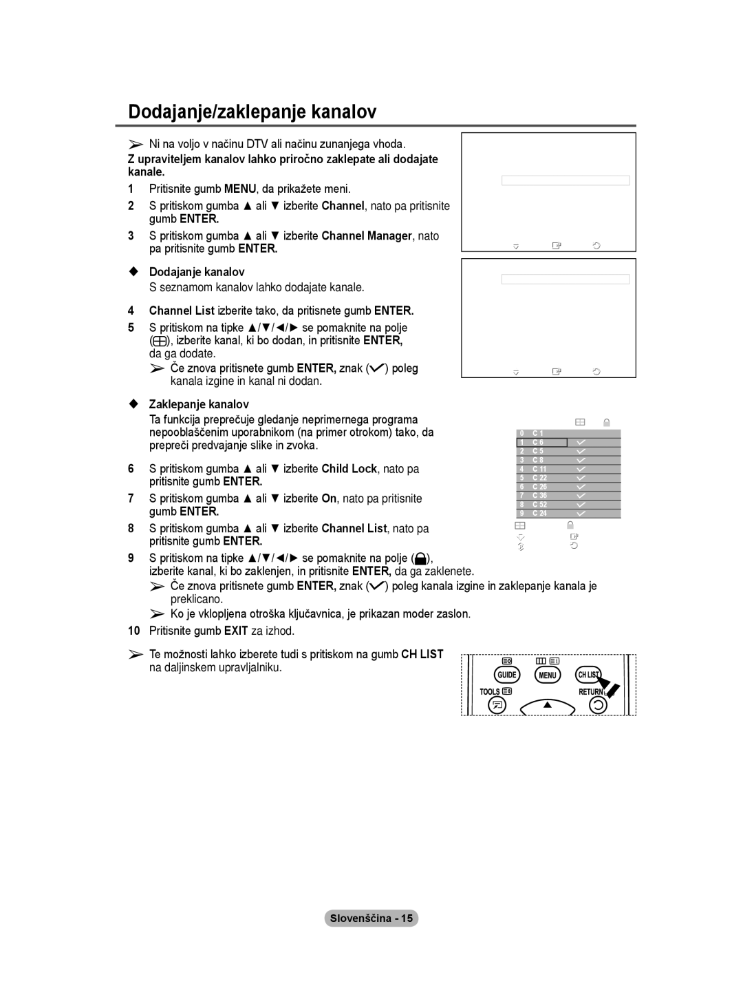 Samsung BN68-01416A-00 user manual Dodajanje/zaklepanje kanalov,  Dodajanje kanalov, Preklicano 