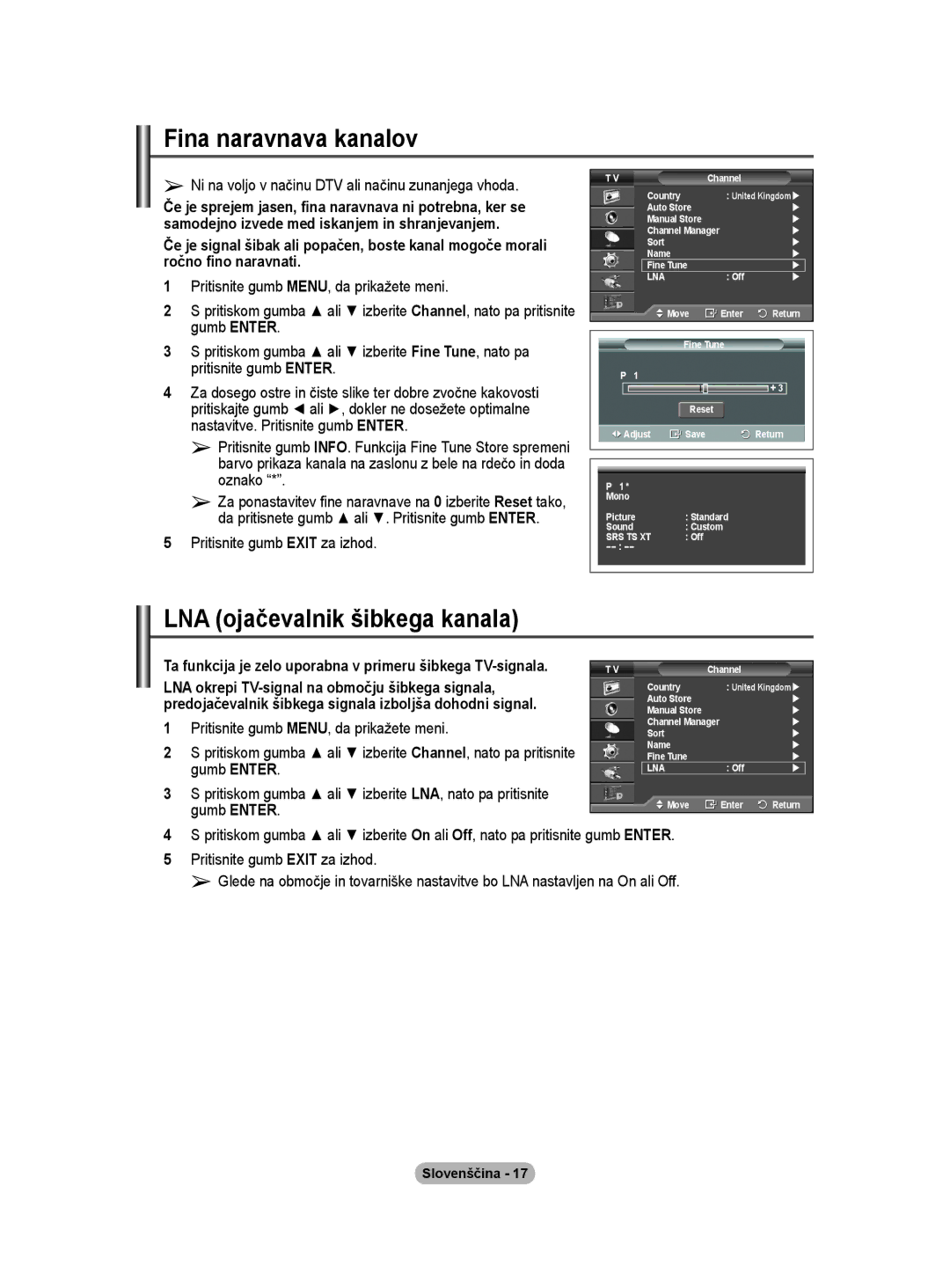 Samsung BN68-01416A-00 user manual Fina naravnava kanalov, LNA ojačevalnik šibkega kanala 