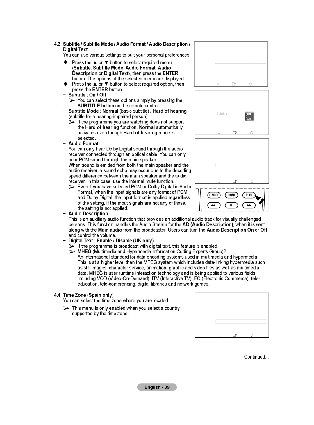 Samsung BN68-01416A-00 Digital Text,  Press the or button to select required menu, Subtitle button on the remote control 