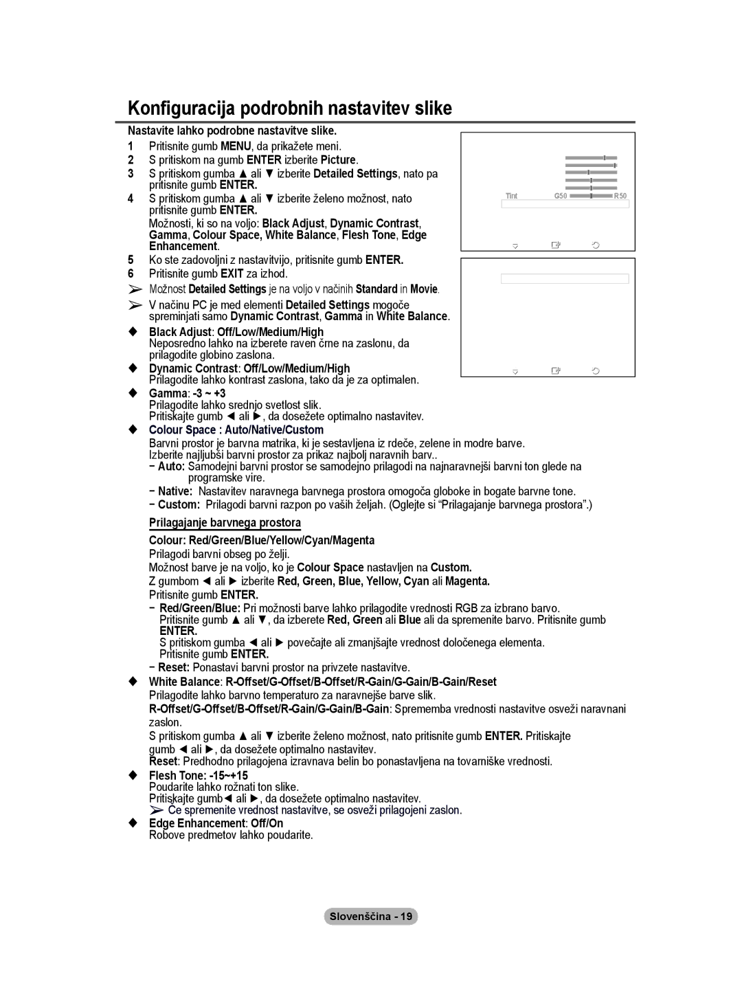 Samsung BN68-01416A-00 user manual Konfiguracija podrobnih nastavitev slike, Nastavite lahko podrobne nastavitve slike 