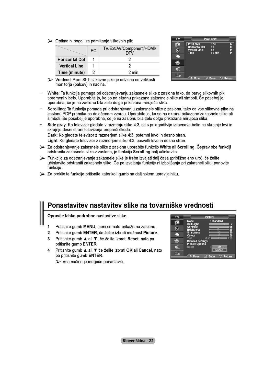 Samsung BN68-01416A-00 Ponastavitev nastavitev slike na tovarniške vrednosti, Optimalni pogoji za pomikanje slikovnih pik 