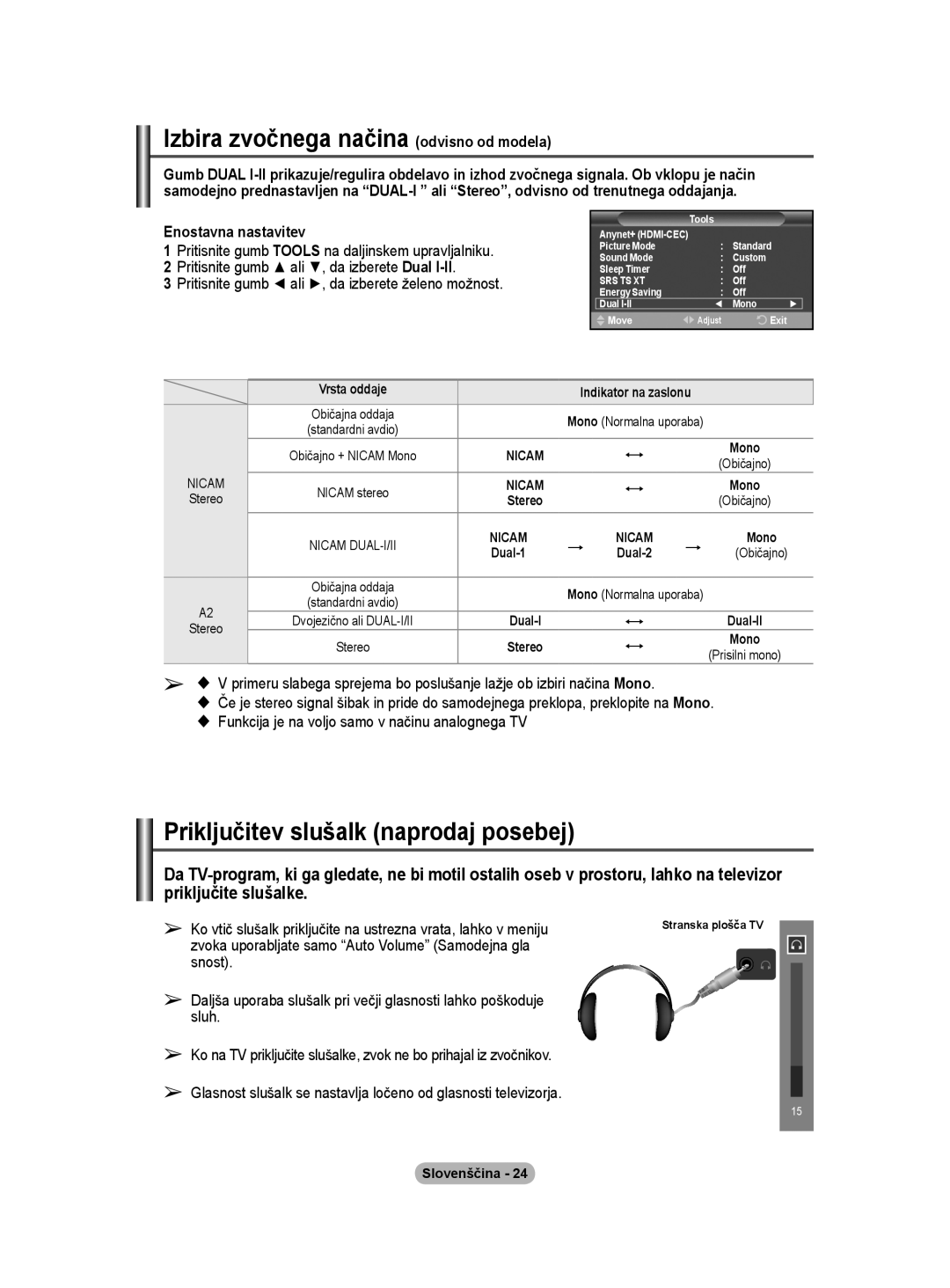 Samsung BN68-01416A-00 user manual Izbira zvočnega načina odvisno od modela, Priključitev slušalk naprodaj posebej 