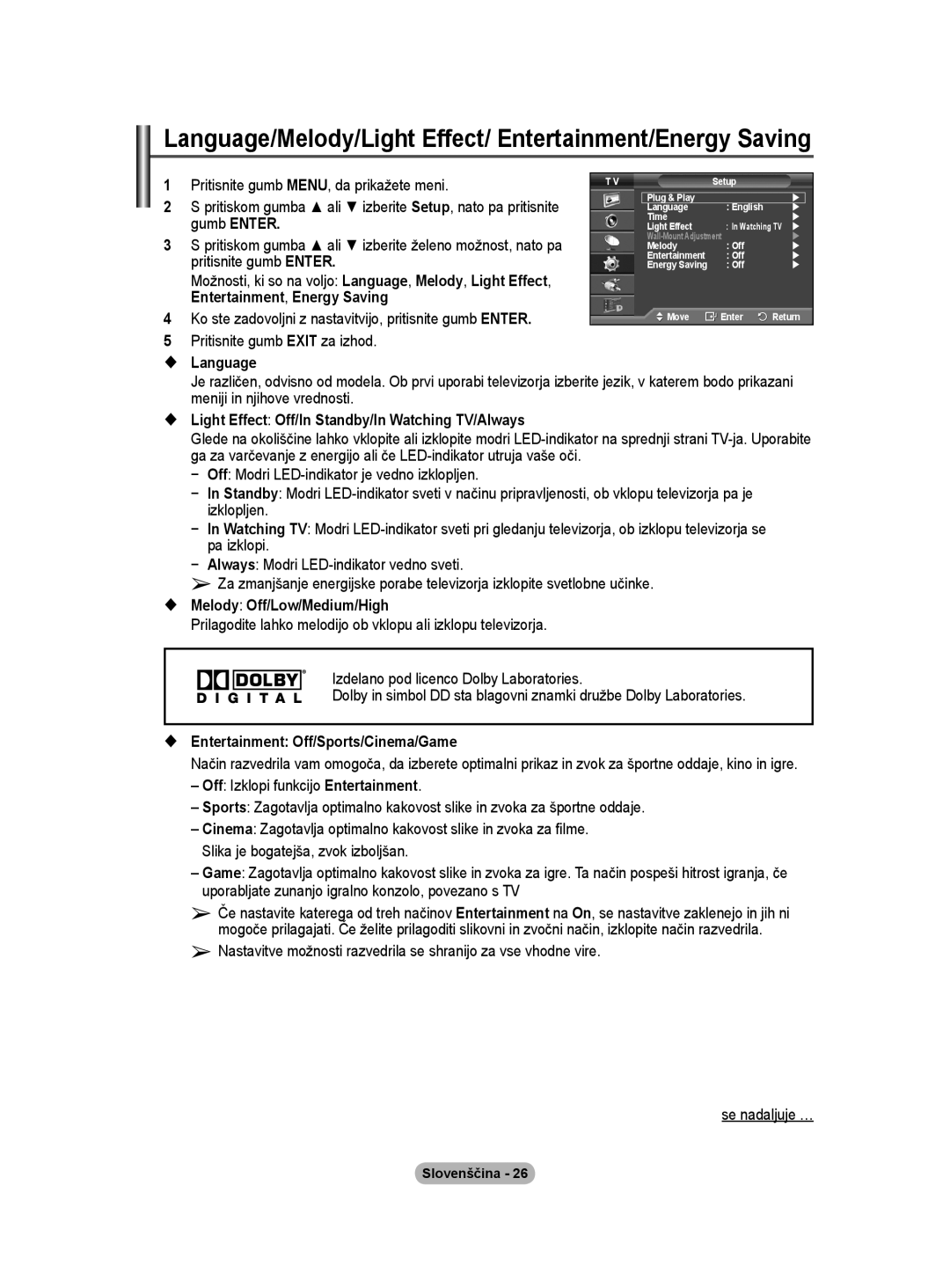 Samsung BN68-01416A-00 user manual Language/Melody/Light Effect/ Entertainment/Energy Saving,  Language 