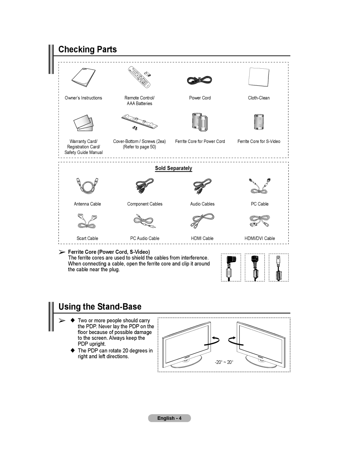 Samsung BN68-01416A-00 user manual Checking Parts, Using the Stand-Base, Sold Separately, Ferrite Core Power Cord, S-Video 