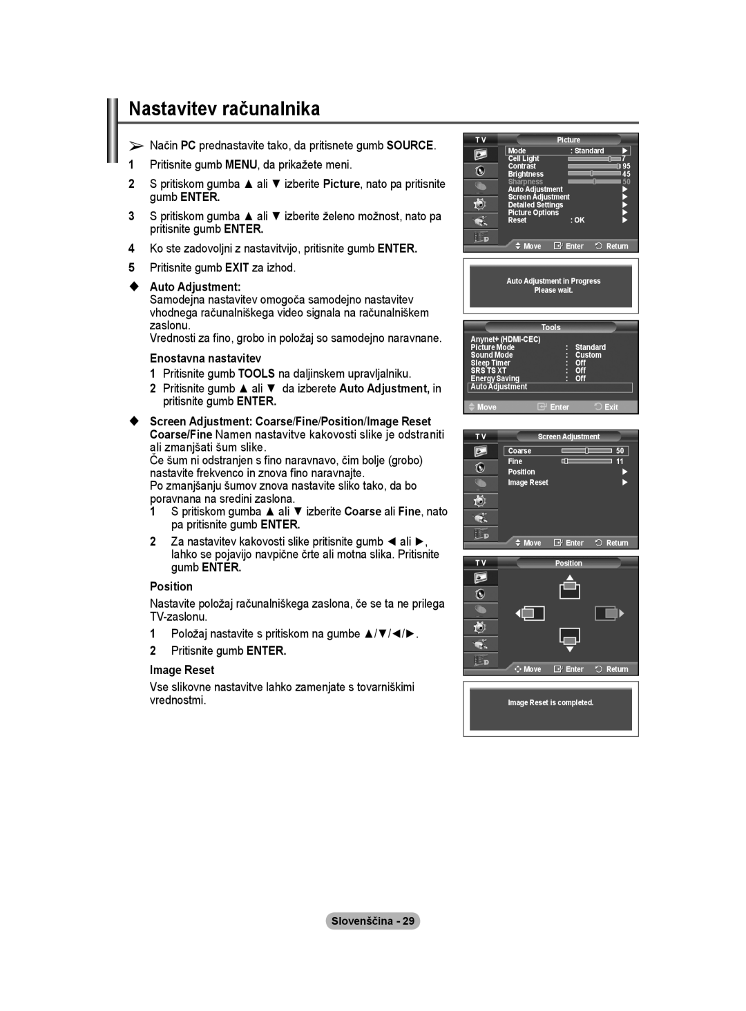 Samsung BN68-01416A-00 user manual Nastavitev računalnika, Vrednosti za fino, grobo in položaj so samodejno naravnane 