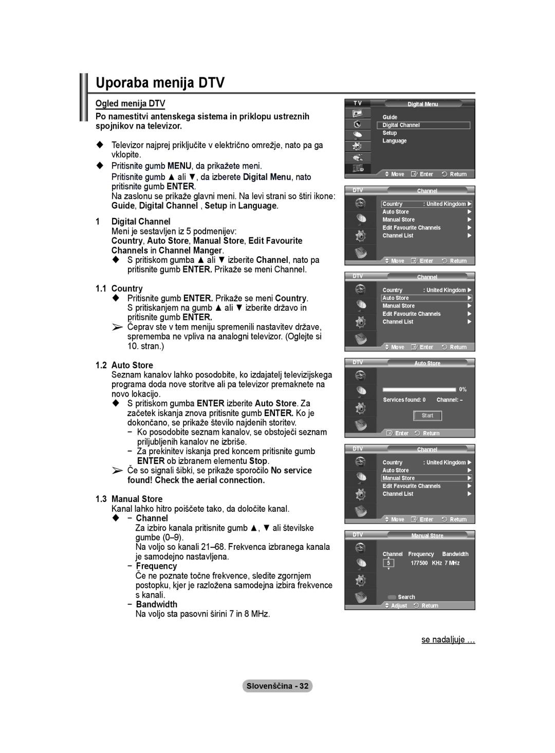 Samsung BN68-01416A-00 Uporaba menija DTV, Guide, Digital Channel , Setup in Language, Meni je sestavljen iz 5 podmenijev 