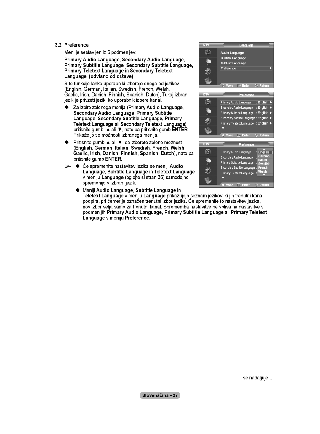 Samsung BN68-01416A-00 user manual Primary Teletext Language in Secondary Teletext, Language. odvisno od države 