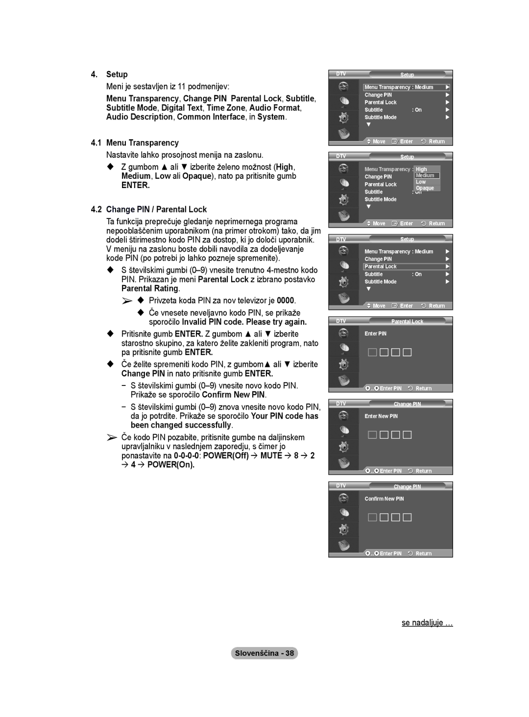 Samsung BN68-01416A-00 user manual Meni je sestavljen iz 11 podmenijev, Nastavite lahko prosojnost menija na zaslonu 