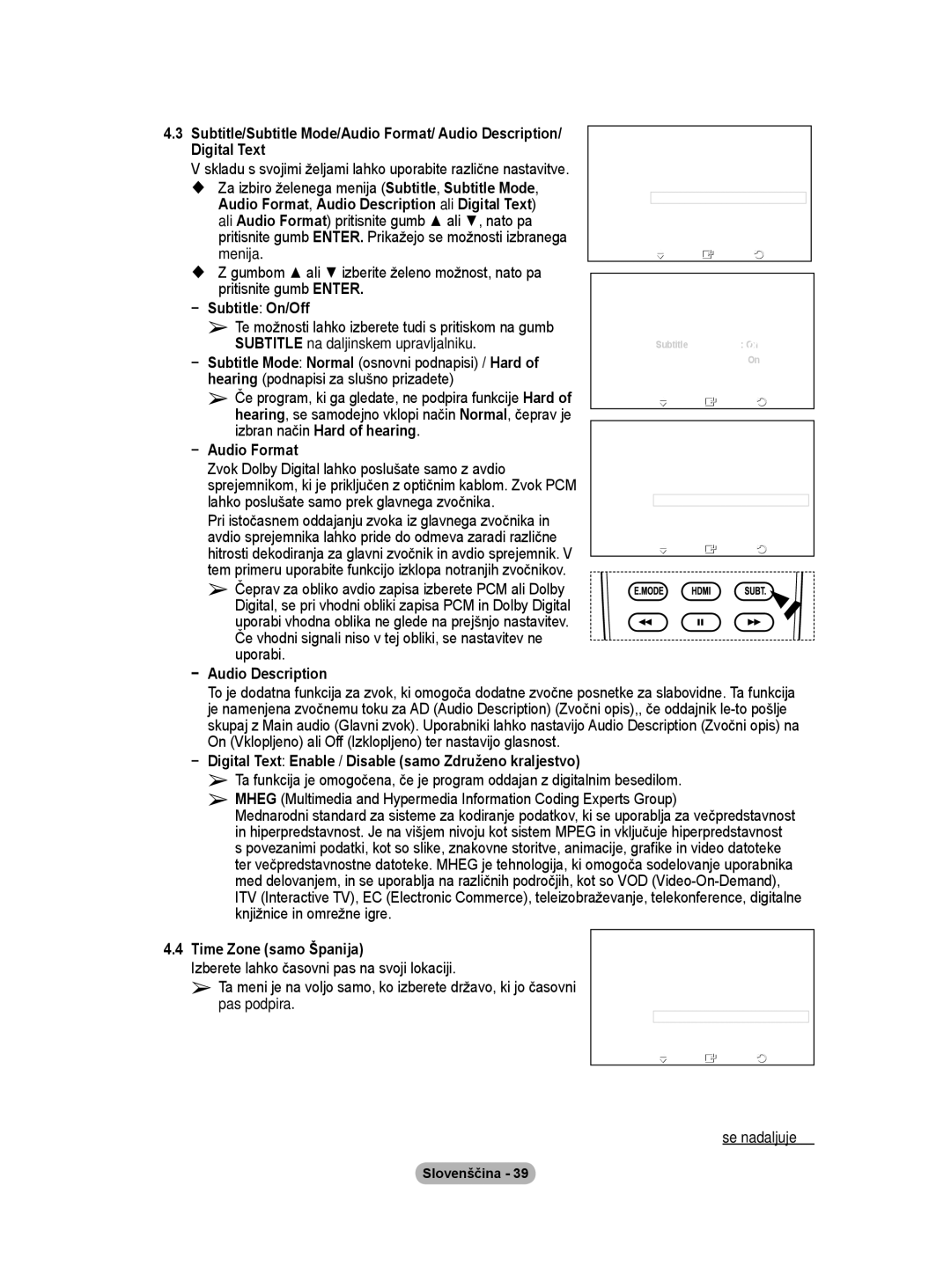 Samsung BN68-01416A-00 user manual Ali Audio Format pritisnite gumb ali , nato pa, Menija, Subtitle On/Off 