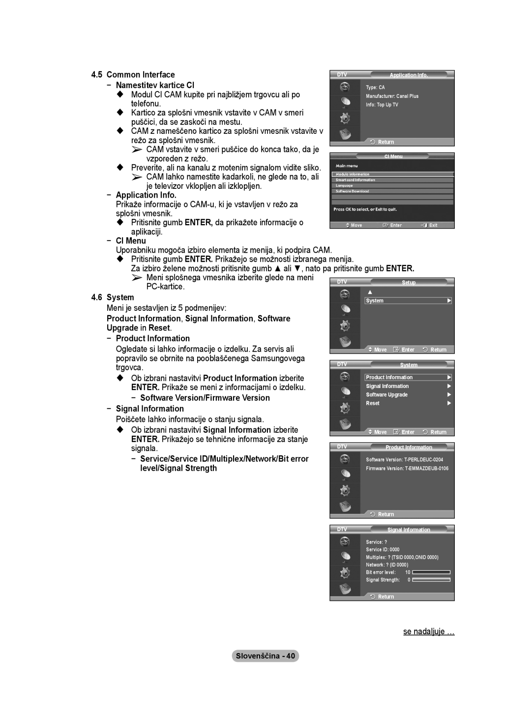 Samsung BN68-01416A-00 Namestitev kartice CI, Software Version/Firmware Version, Signal Information, Level/Signal Strength 