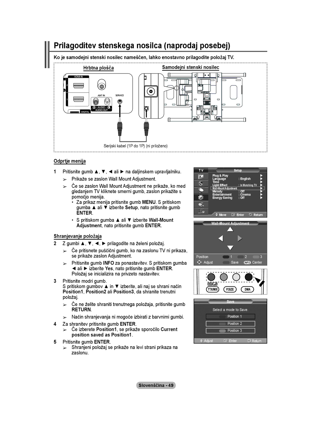 Samsung BN68-01416A-00 user manual Prilagoditev stenskega nosilca naprodaj posebej, Odprtje menija, Shranjevanje položaja 