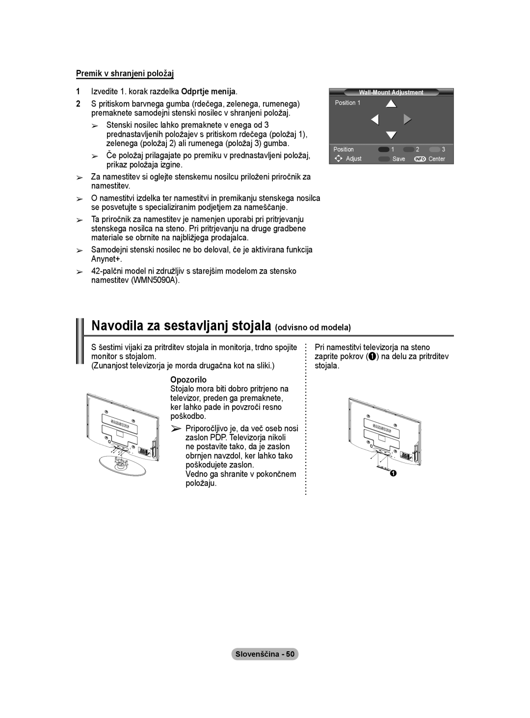 Samsung BN68-01416A-00 user manual Navodila za sestavljanj stojala odvisno od modela, Premik v shranjeni položaj, Opozorilo 