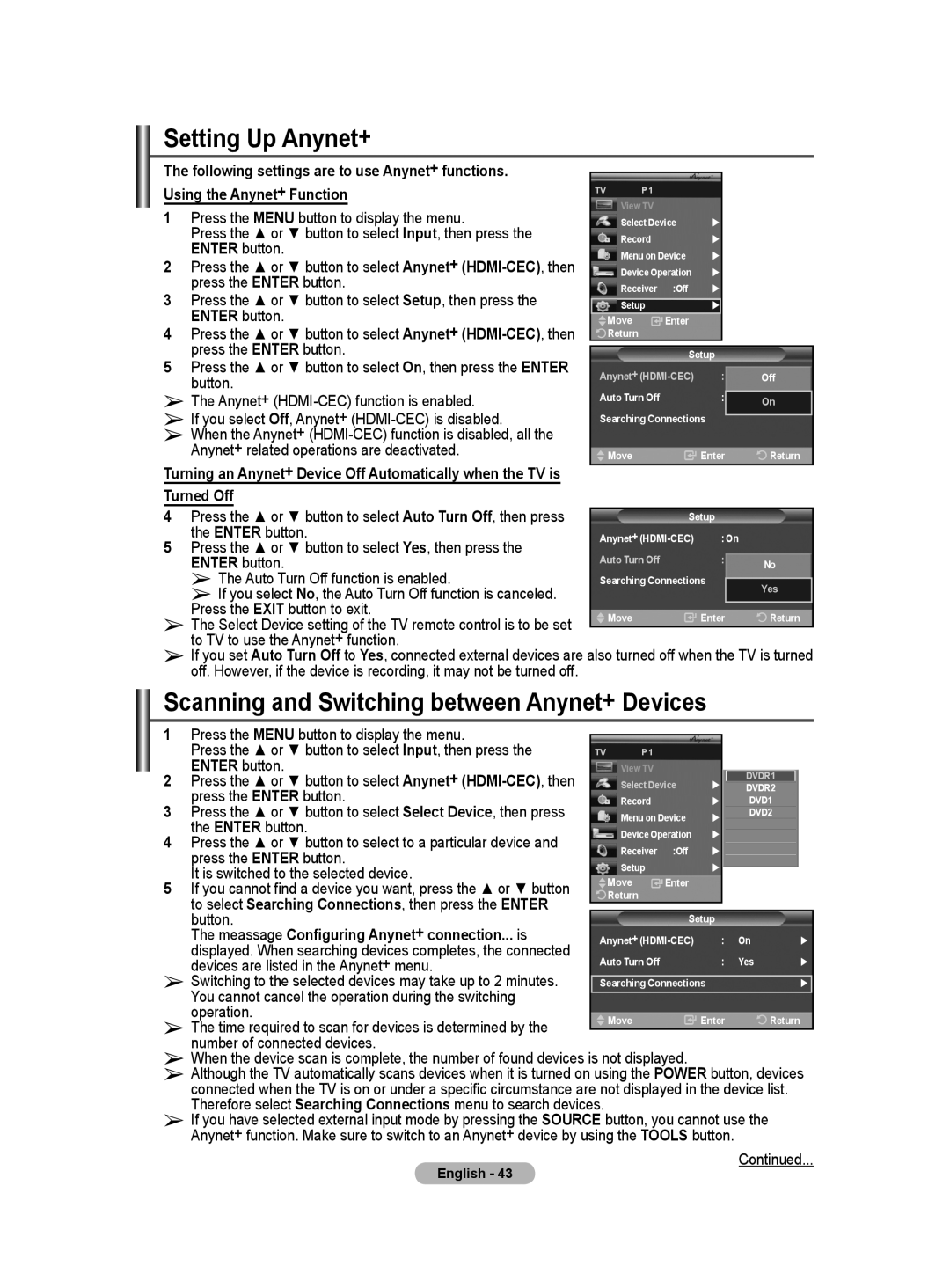 Samsung BN68-01416A-00 user manual Setting Up Anynet+, Scanning and Switching between Anynet Devices, Turned Off 