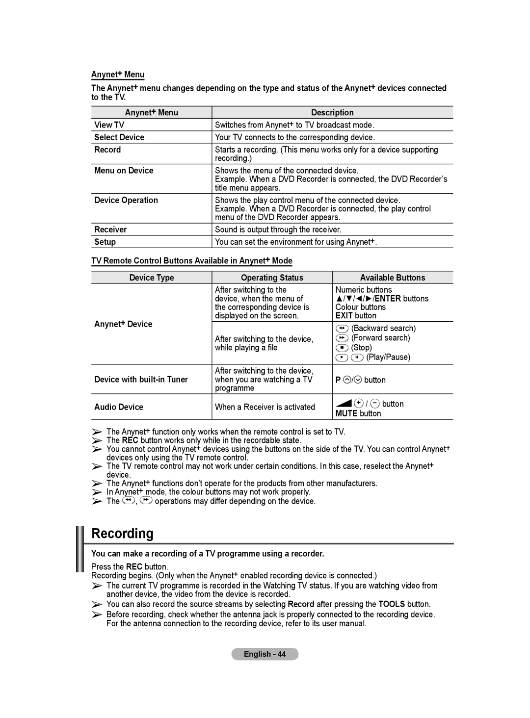 Samsung BN68-01416A-00 user manual Recording 