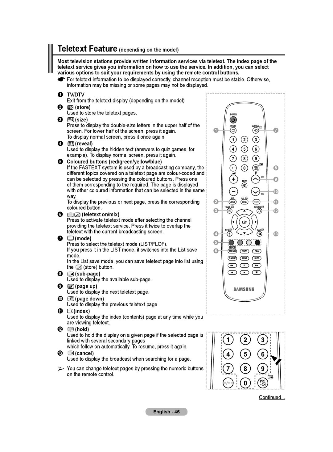 Samsung BN68-01416A-00 Teletext Feature depending on the model, Store, Size, Reveal, Teletext on/mix, Mode, Sub-page, Down 