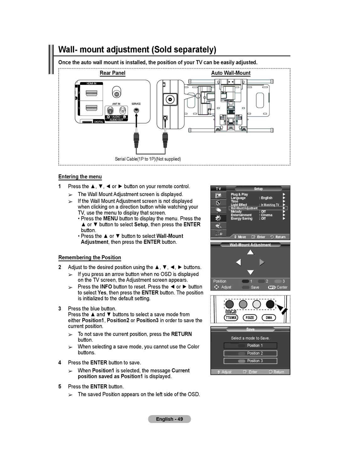 Samsung BN68-01416A-00 user manual Wall- mount adjustment Sold separately, Entering the menu, Remembering the Position 