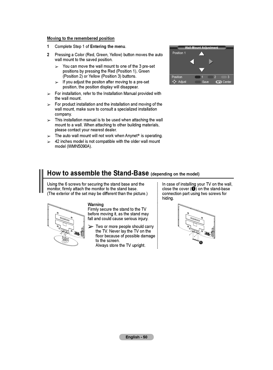 Samsung BN68-01416A-00 user manual How to assemble the Stand-Base depending on the model, Moving to the remembered position 