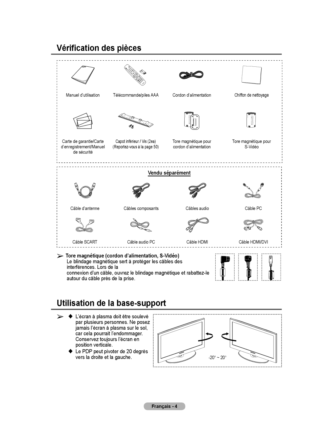 Samsung BN68-01416A-00 user manual Vérification des pièces, Utilisation de la base-support, Vendu séparément 