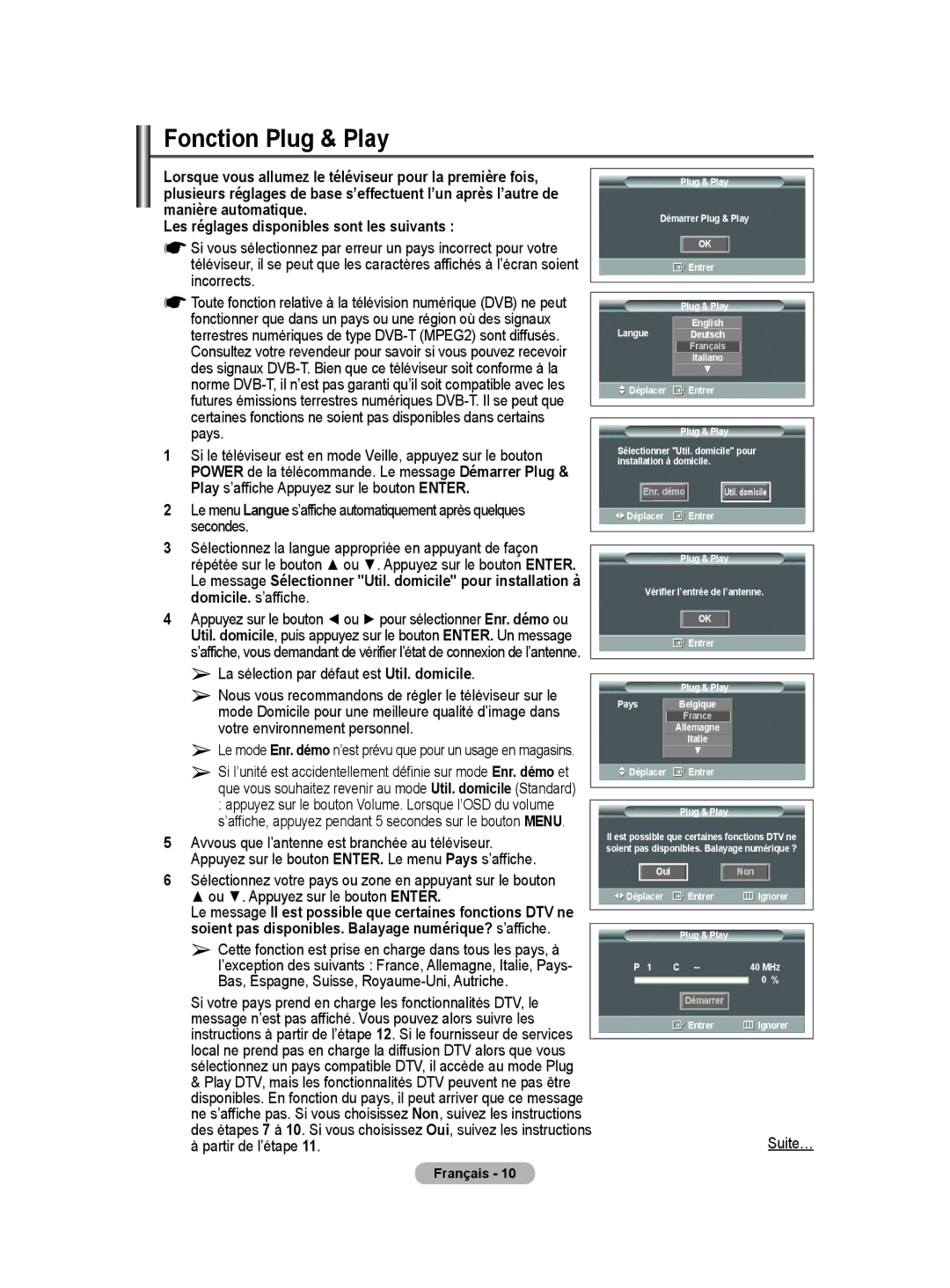 Samsung BN68-01416A-00 Fonction Plug & Play, Les réglages disponibles sont les suivants, Ou . Appuyez sur le bouton Enter 