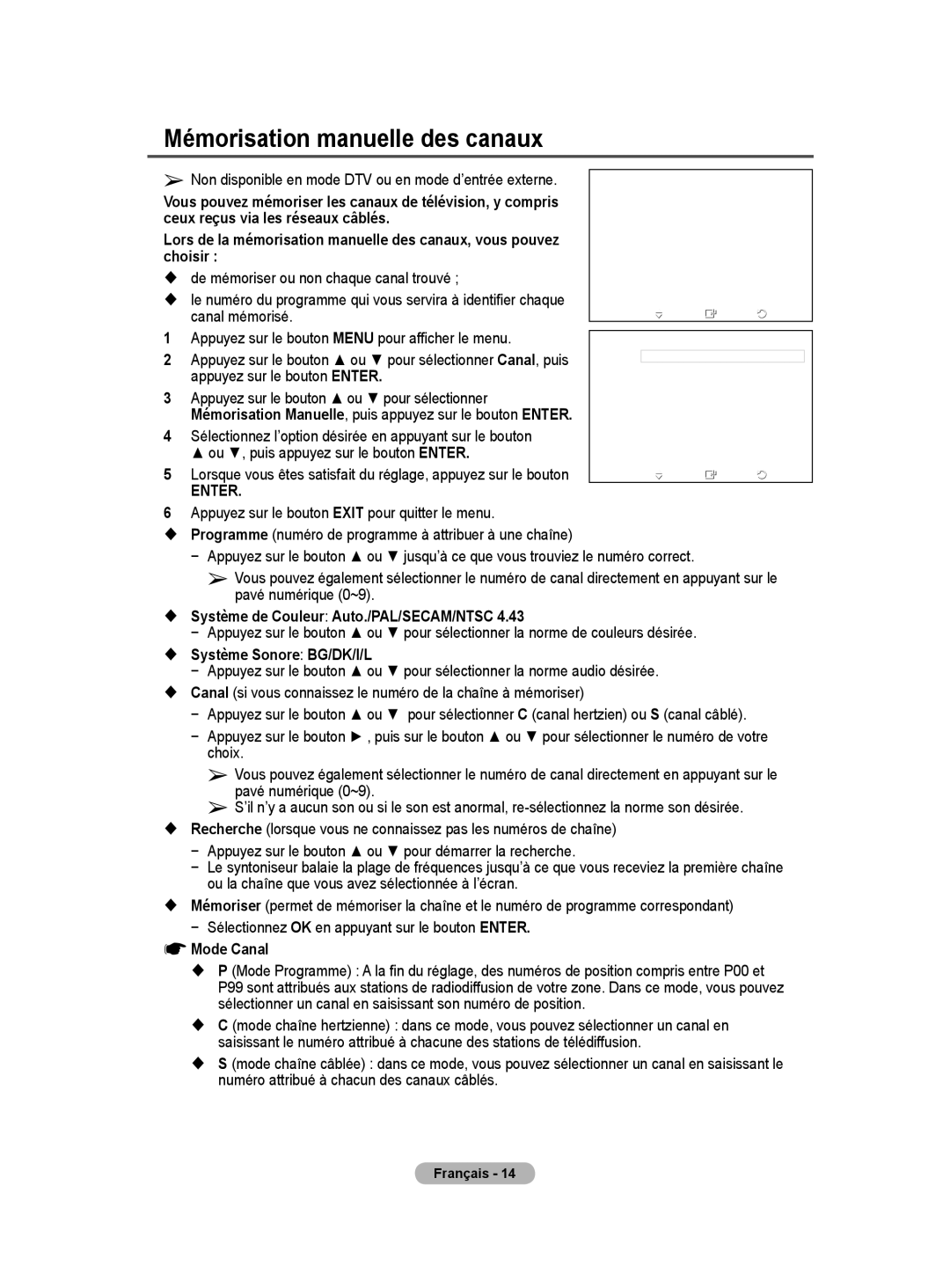 Samsung BN68-01416A-00 user manual Mémorisation manuelle des canaux 