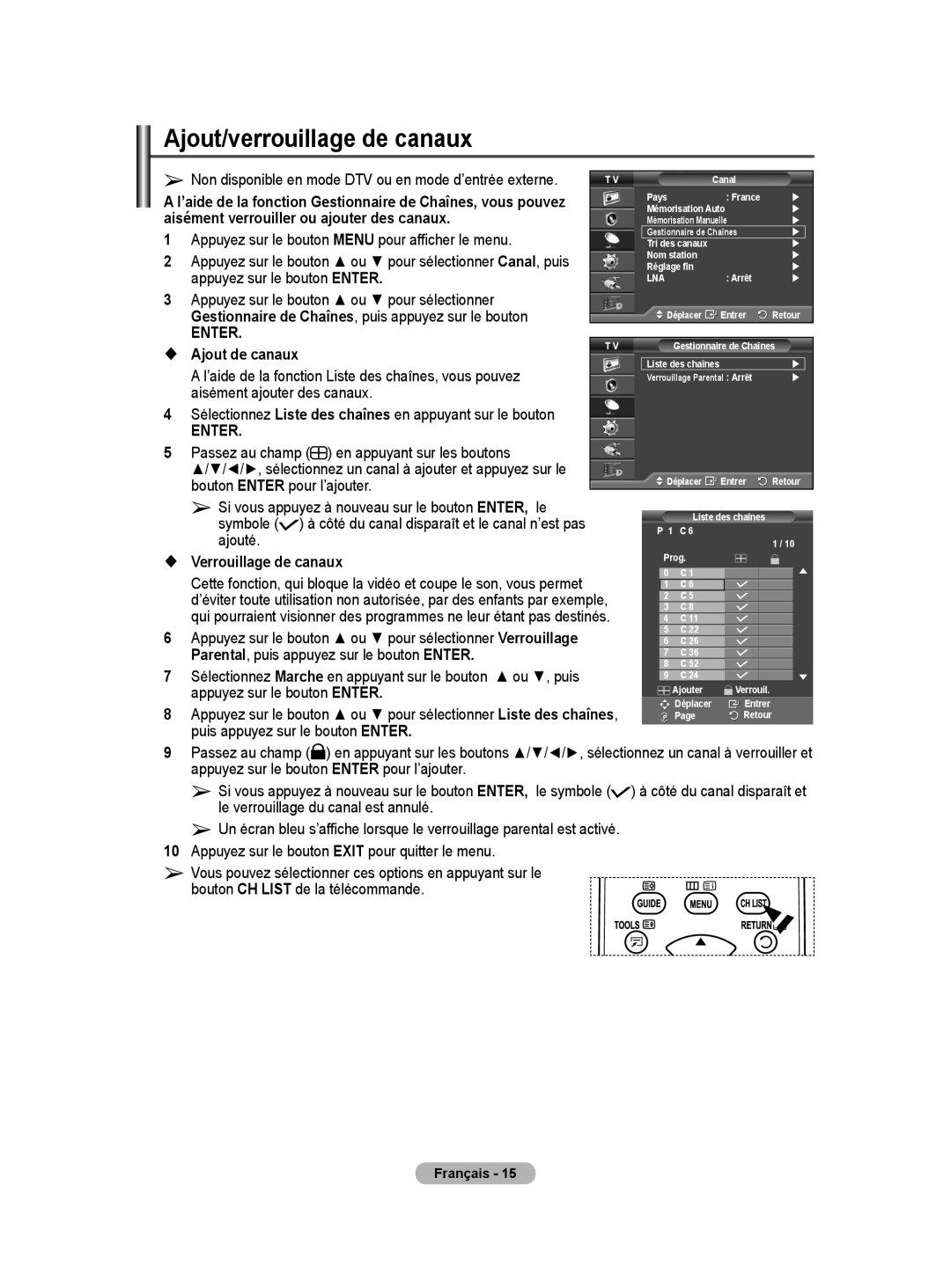 Samsung BN68-01416A-00 user manual Ajout/verrouillage de canaux 