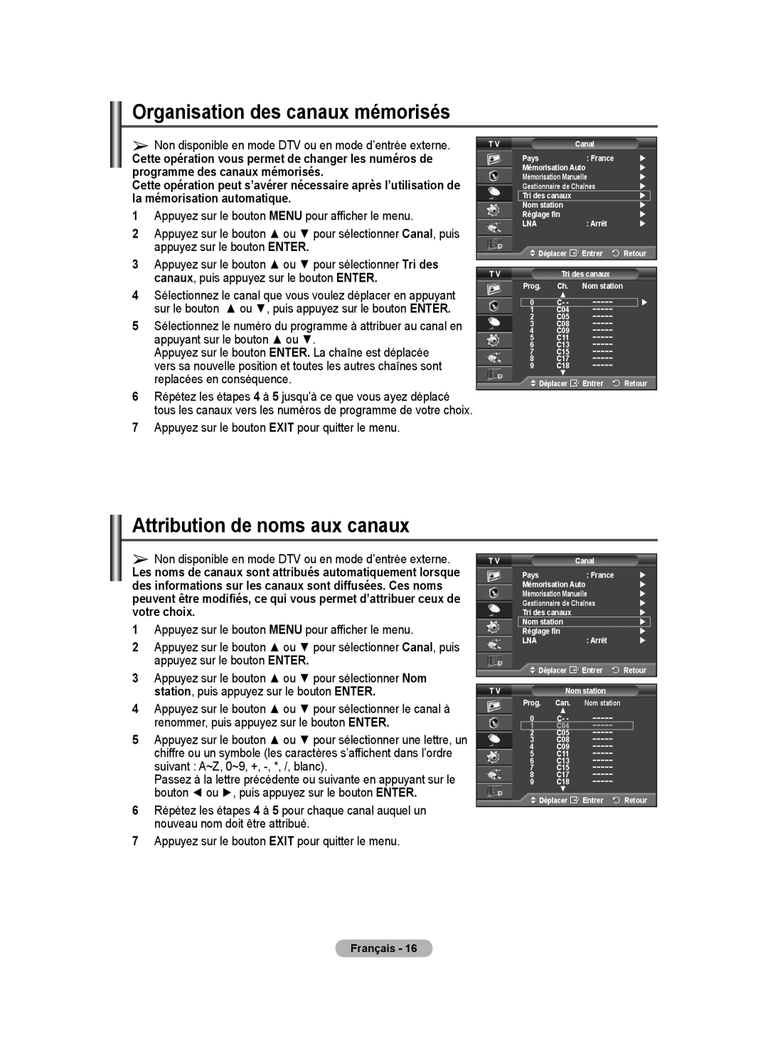 Samsung BN68-01416A-00 user manual Organisation des canaux mémorisés, Attribution de noms aux canaux 