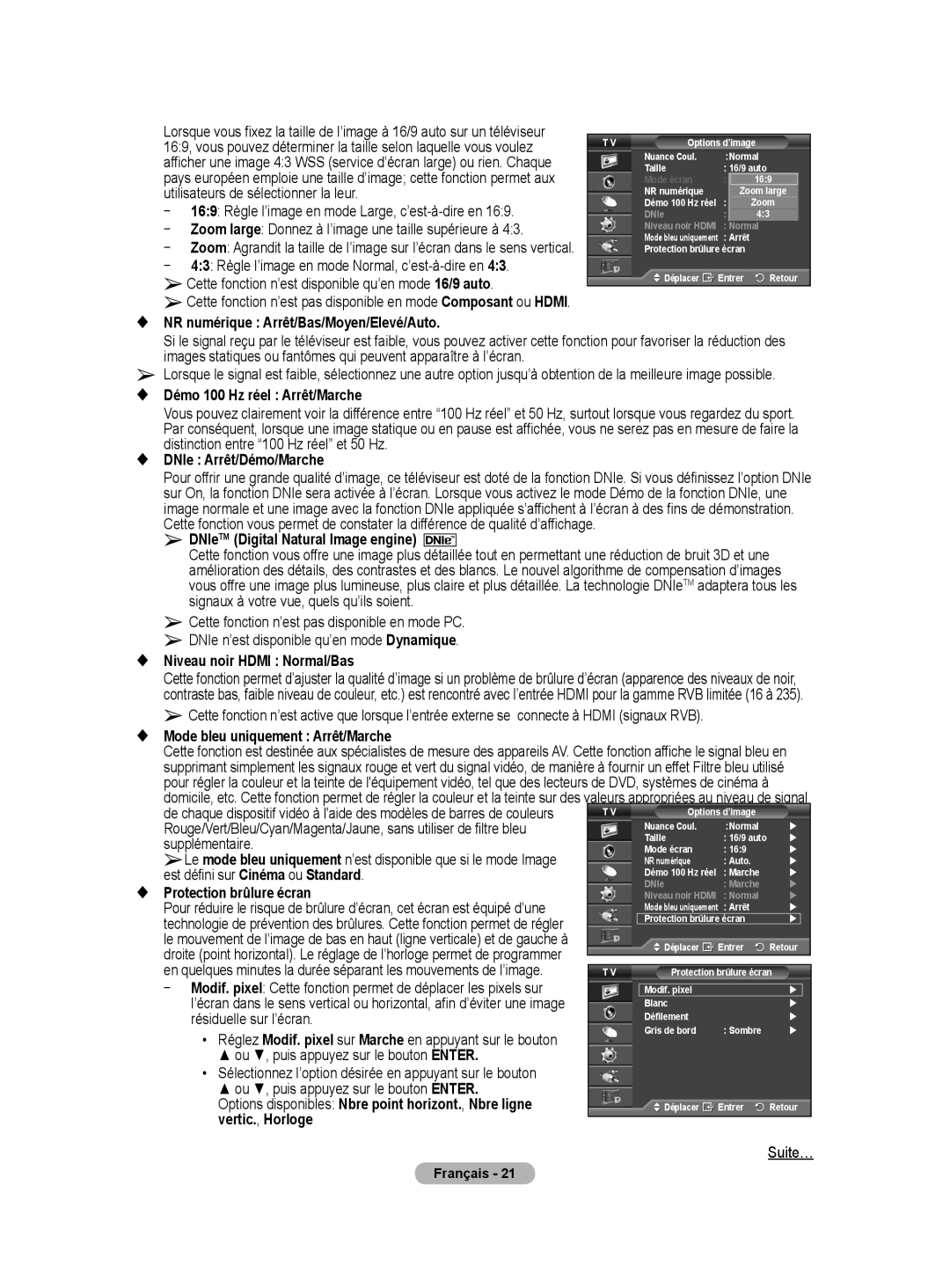 Samsung BN68-01416A-00 Supplémentaire, Est défini sur Cinéma ou Standard,  Protection brûlure écran, Vertic., Horloge 